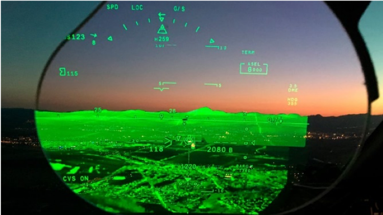 view from the cockpit of ai airplane with information overlaid on the view