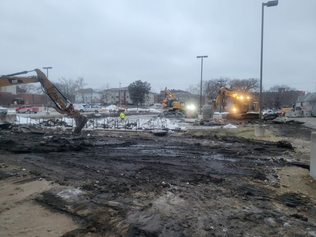 concrete demolition begins with heavy equipment